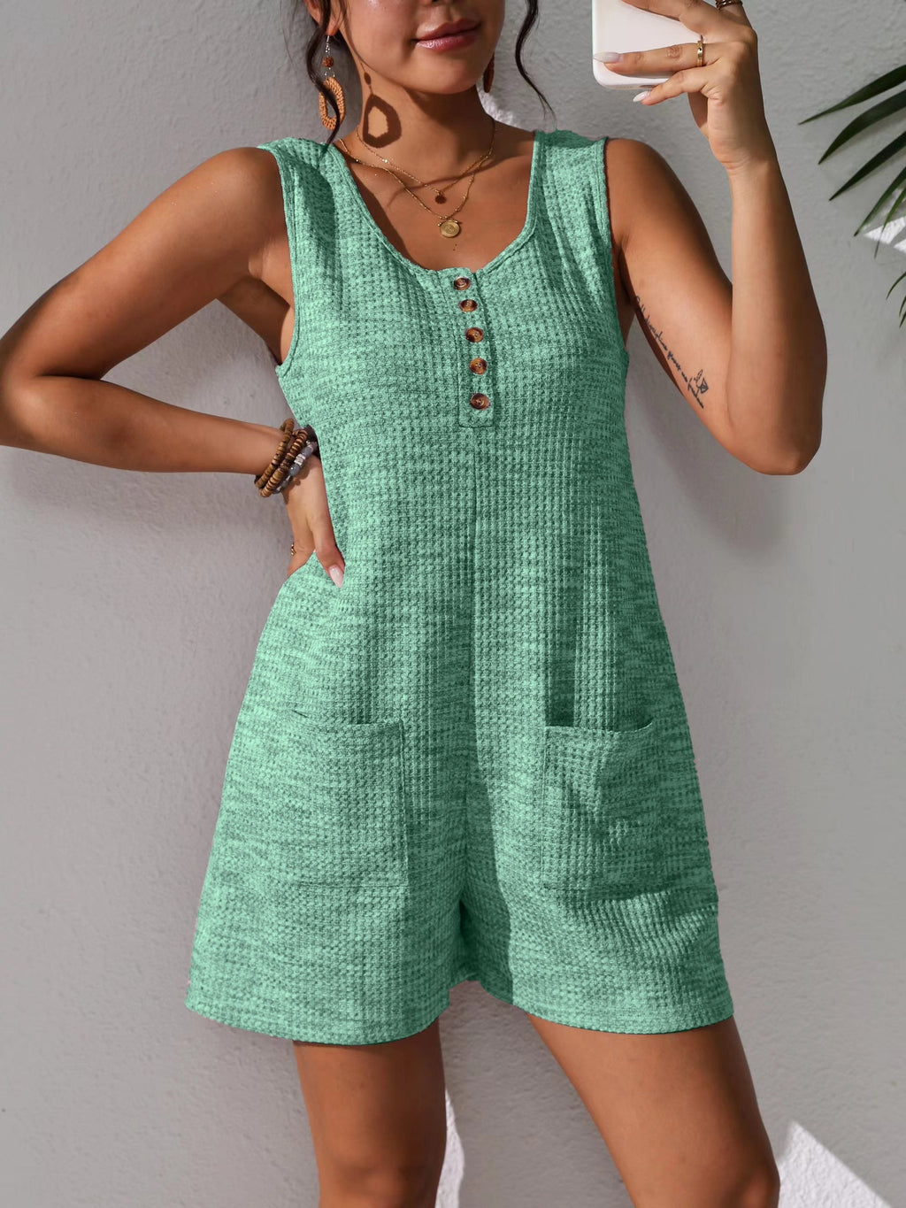 Women's Waffle Knit Sleeveless Romper Jumpsuit with Pockets & Buttons, Summer Casual One-Piece Shorts, Loose Fit, S M L XL XXL, Grey Pink Purple Blue Yellow