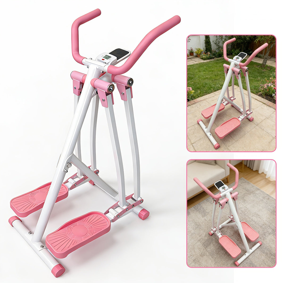 Foldable Air Walk Elliptical Machine Cross Trainer Glider for Full-Body Low-Impact Cardio with LCD Monitor Extended Stride Non-Slip Pedals for Home Gym – Pink