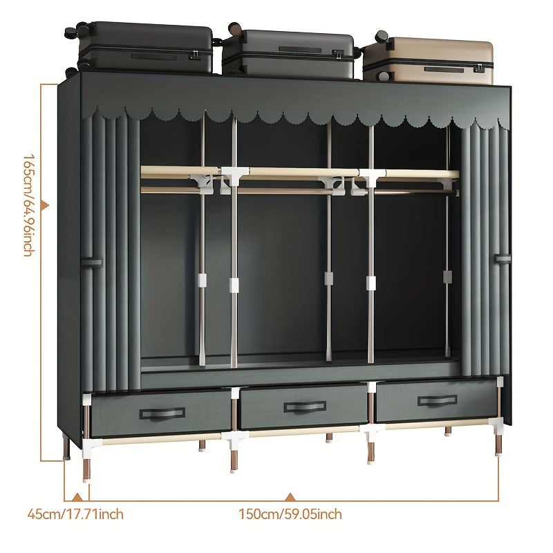 Freestanding Fabric Wardrobe with Curtain Sliding Door – 3 Hanging Rods & Rail Portable Closet Storage Organizer for Bedroom Study in Gray Jacquard & Magpie