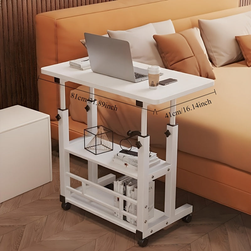 3-Tier Rolling Folding Desk with Wheels, Height-Adjustable and Expandable Desktop, Storage Shelf for Laptop, Study, Home Office, Bedroom, Living Room Computer Table