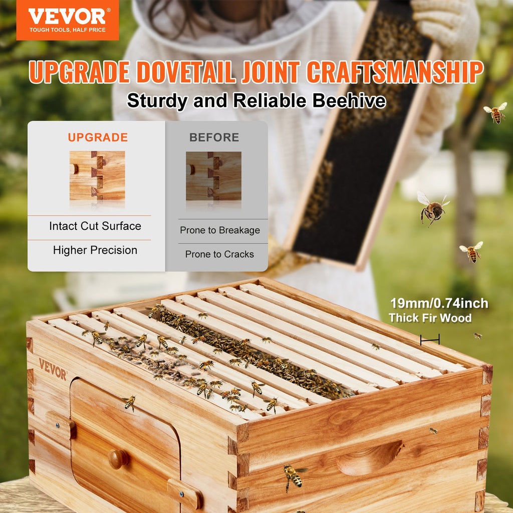 Langstroth Beehive Starter Kit, 0.74" Cedar Wood, 100% Beeswax Coated, 10 ABS Frames & Cedar Brood Frames, Acrylic Observation Windows, Dovetail Joinery, Ventilation Ports, for Beginner & Pro Beekeepers