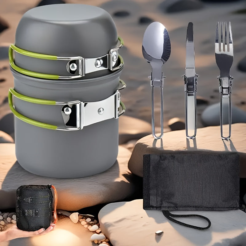 304 Stainless Steel Camping Cookware Set with Foldable Storage – Durable Compact Pot with Knives & Forks Utensils for Outdoor Backpacking, Hiking, Picnics & Camping, Green & Orange, Lightweight Camp Kitchen Kit
