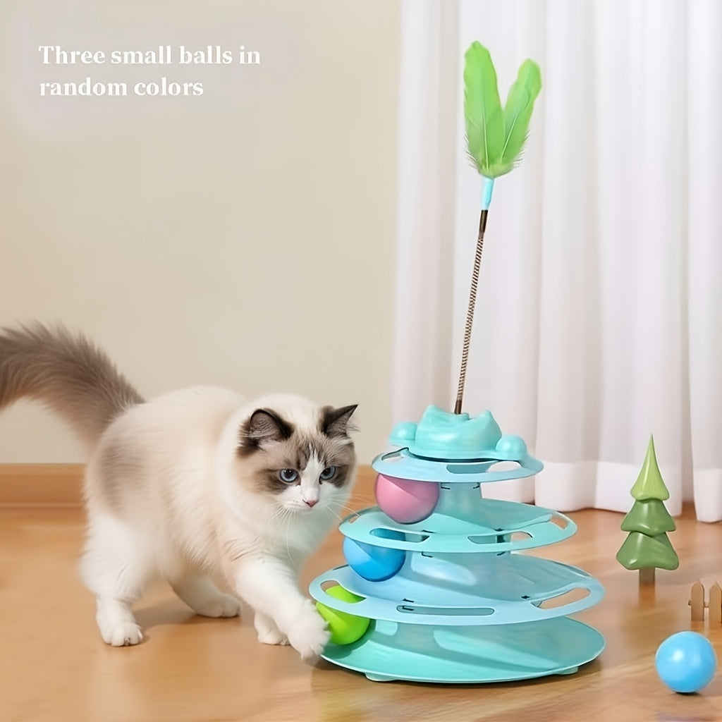 交互式猫咪旋转玩具（带羽毛及旋转球）——猫咪自娱自乐防无聊逗猫棒，旋转设计，室内趣味玩耍，猫奴节日好礼