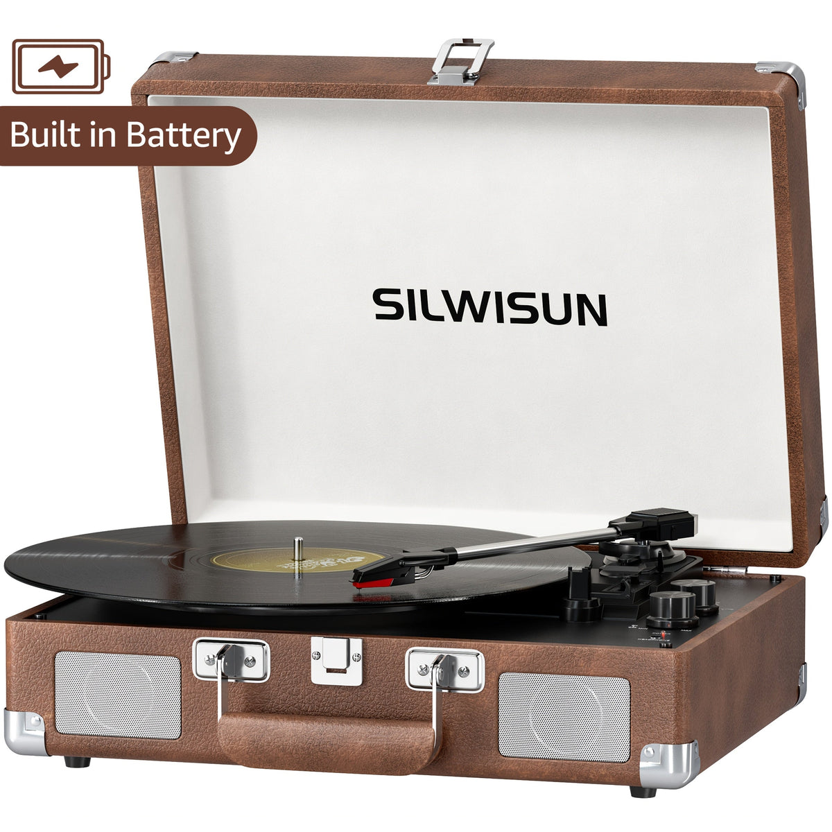 Portable Suitcase Vinyl Record Player – 3-Speed Turntable with Built-In Battery Wireless Speakers Headphone Jack AUX & RCA in Pink Green Brown