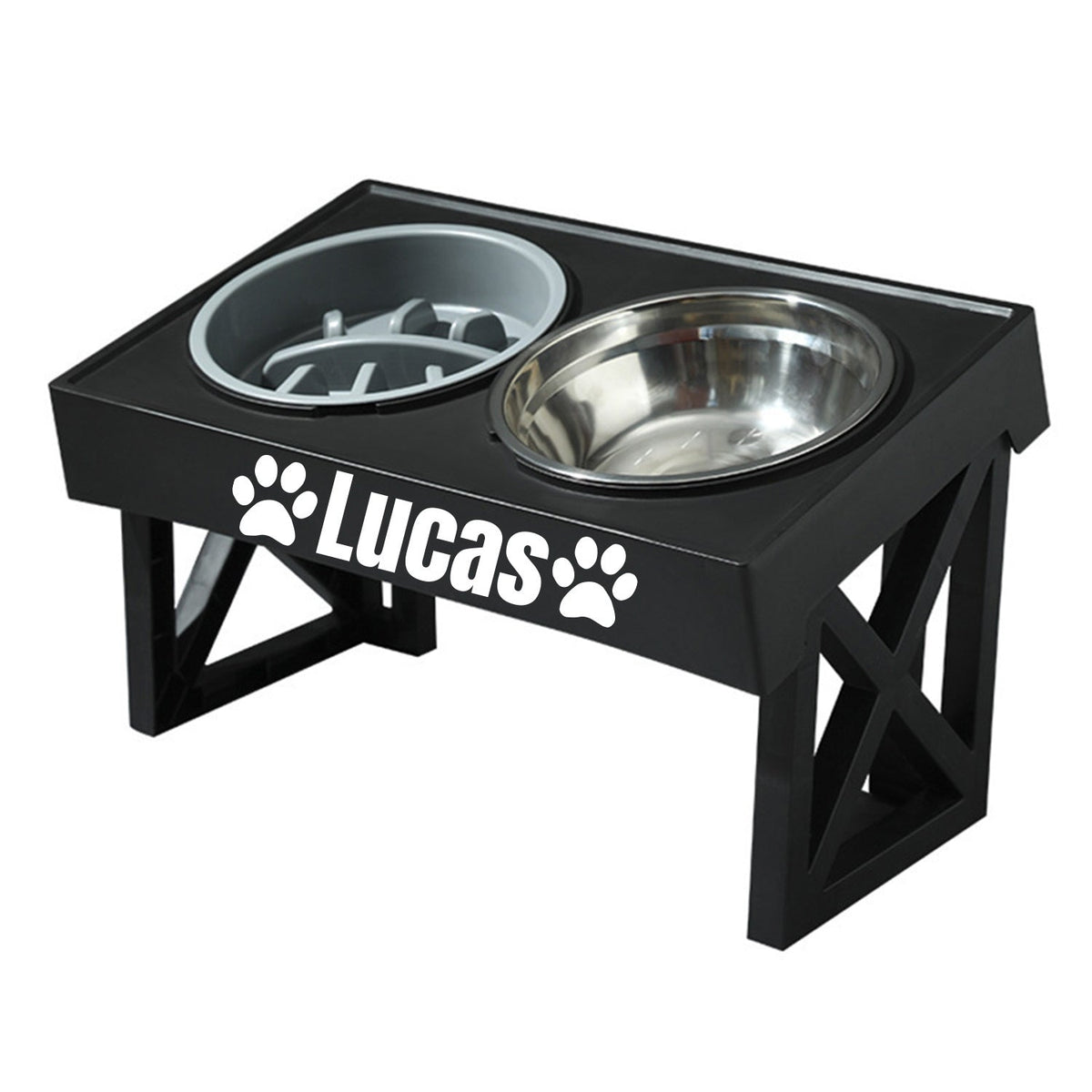 Personalized Elevated Stainless Steel Dog Bowl with Slow Feeder and Height-Adjustable Double Feeding Station for Medium to Large Dogs and Cats