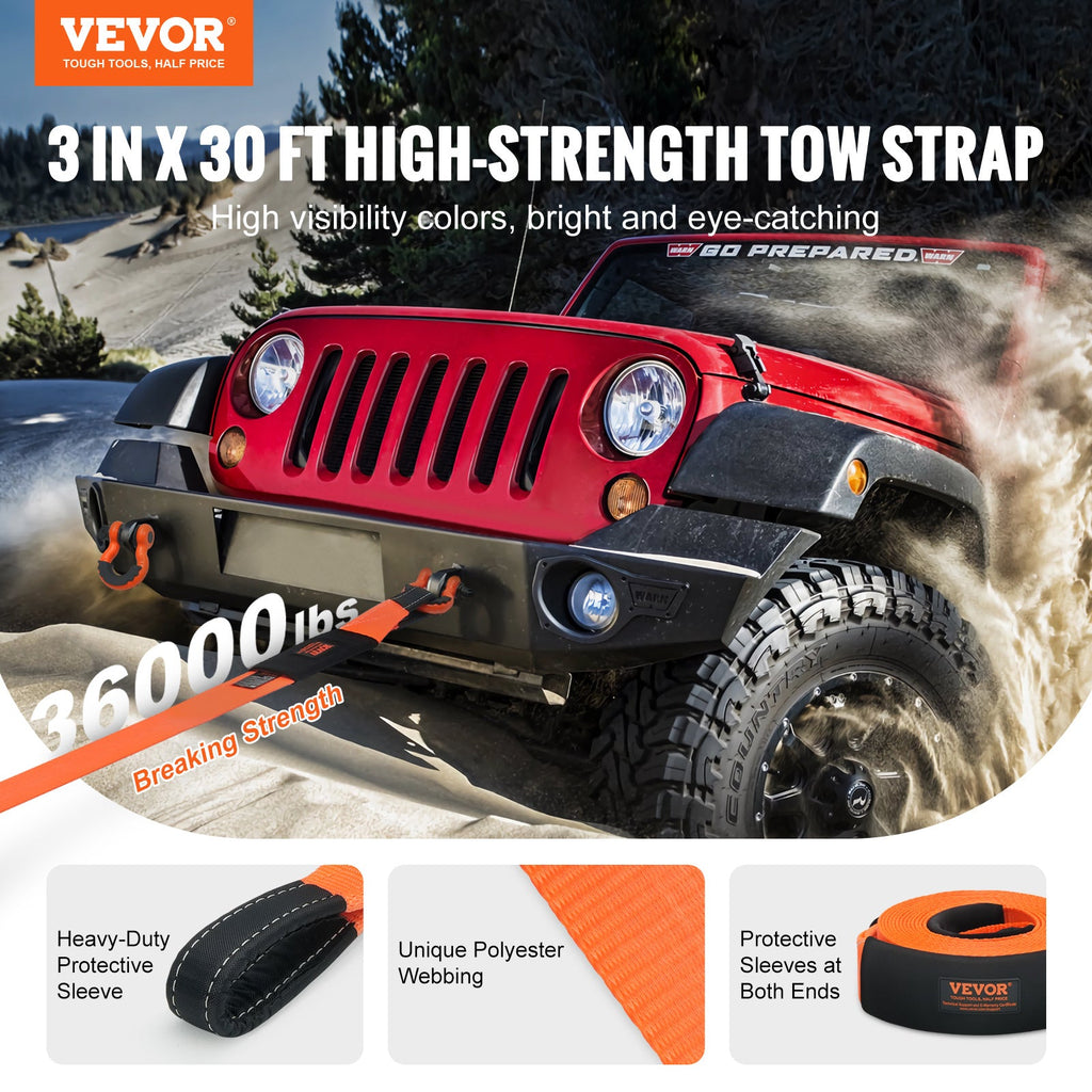 VEVOR Heavy Duty Tow Strap Recovery Kit - 3" x 30 ft, 36,000 lbs MBS, Triple-Reinforced Loops, Protective Sleeves, 2x 3/4" D-Ring Shackles & Storage Bag - Tree Saver & Winch Strap for Truck, Jeep, SUV & ATV