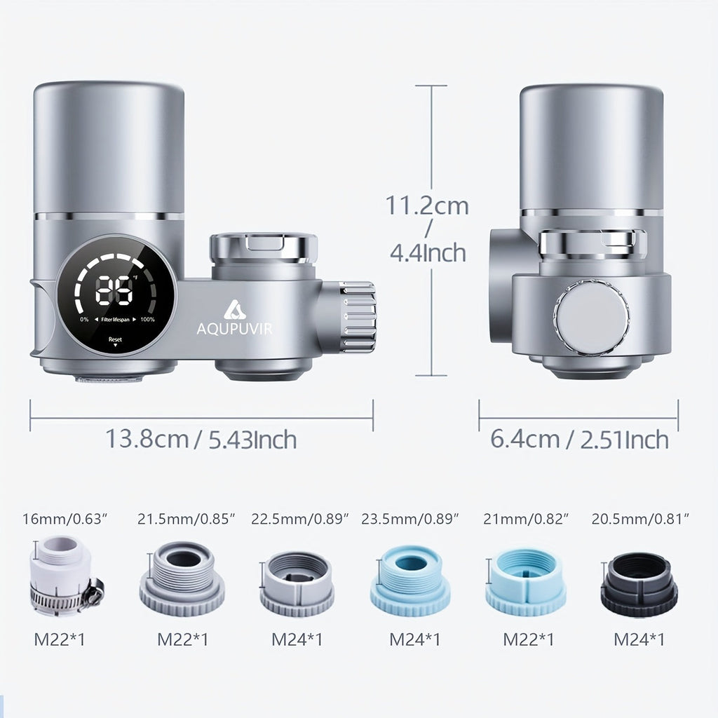 Faucet Mount Water Filtration System - 264-Gallon, Dual-Head Switching, Temperature & Filter Life Display, Reduces Lead, Chlorine & Heavy Metals - 23-Piece Combo - Silvery & White