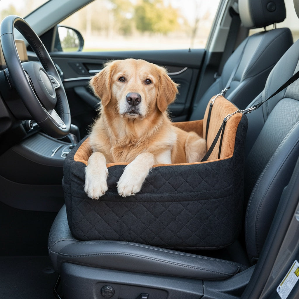 Dog Car Seat for Medium to Large Dogs – Washable Memory Foam Pet Travel Car Bed with Seat Belt Pass-Through, Adjustable Straps & 3-Point Installation, Gray, Black, Brown, All Black, Black-Gray