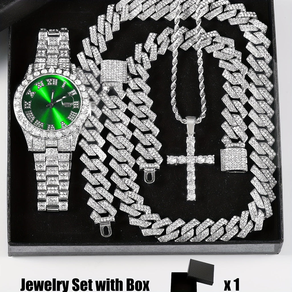 4-Piece Rhinestone Watch and Cross Pendant Jewelry Set, Quartz Analog Wristwatch, Necklace, Bracelet, and Earrings, Unisex Gift for Him or Her, Wedding