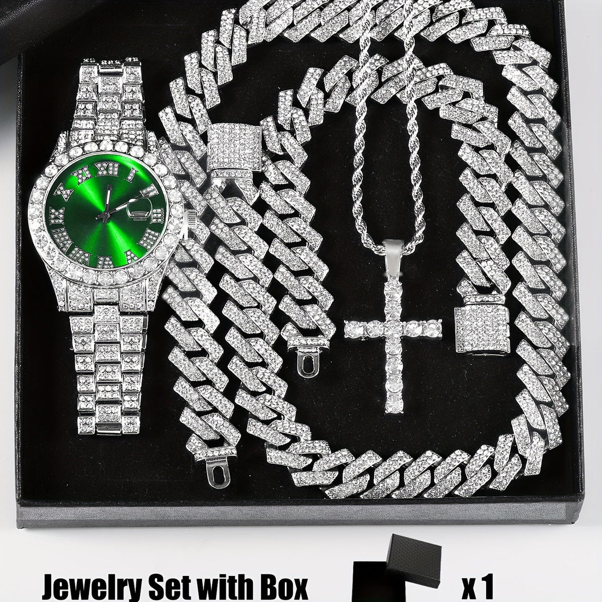 4-Piece Rhinestone Watch and Cross Pendant Jewelry Set, Quartz Analog Wristwatch, Necklace, Bracelet, and Earrings, Unisex Gift for Him or Her, Wedding