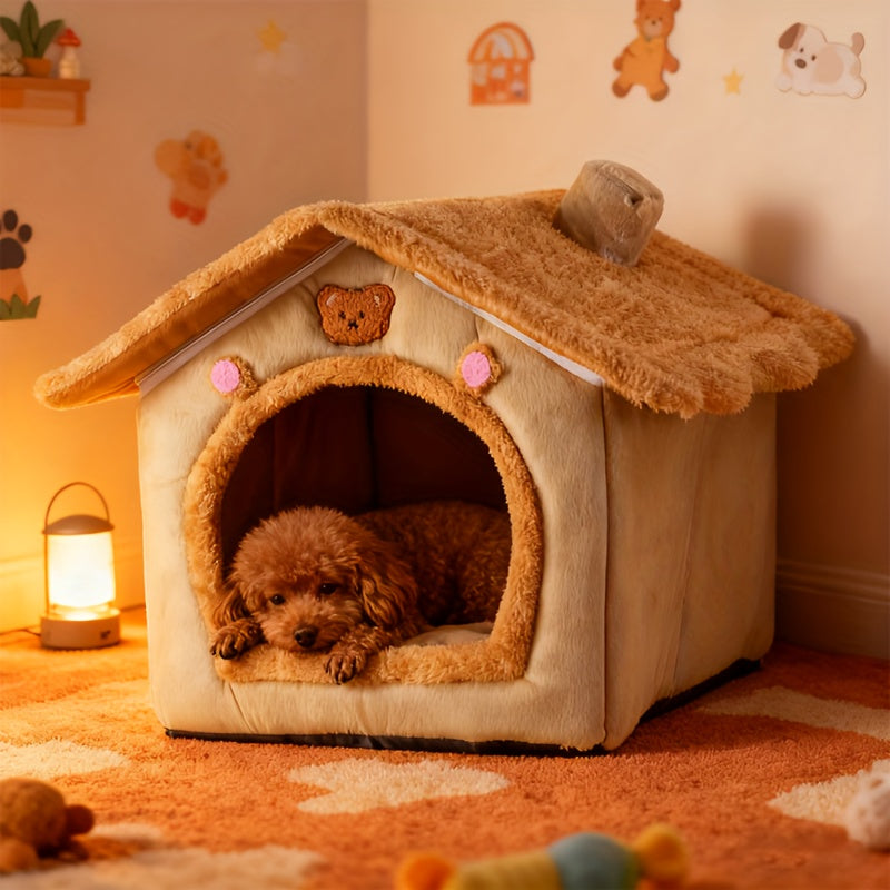 Cute House Dog Bed for Small Dogs - Warm Winter Plush Thick Cushion Pet House Bed for Teddy, Chihuahua, Pomeranian, Bichon, Schnauzer, and Bulldog, Indoor Cozy Sleeping Nest