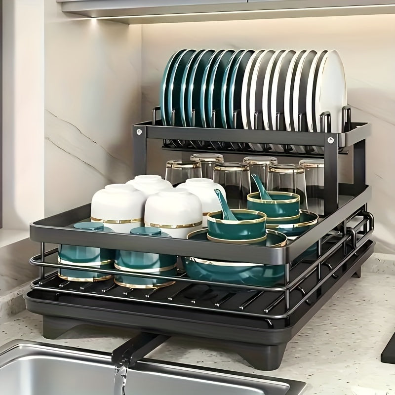 2-Tier Dish Drying Rack for Kitchen Counter with Drainboard, Drain Mat, Knife, Fork, and Cup Holder, Utensil Organizer, Dish Drainer, Kitchen Gadget Gift for Women, Mother's Day