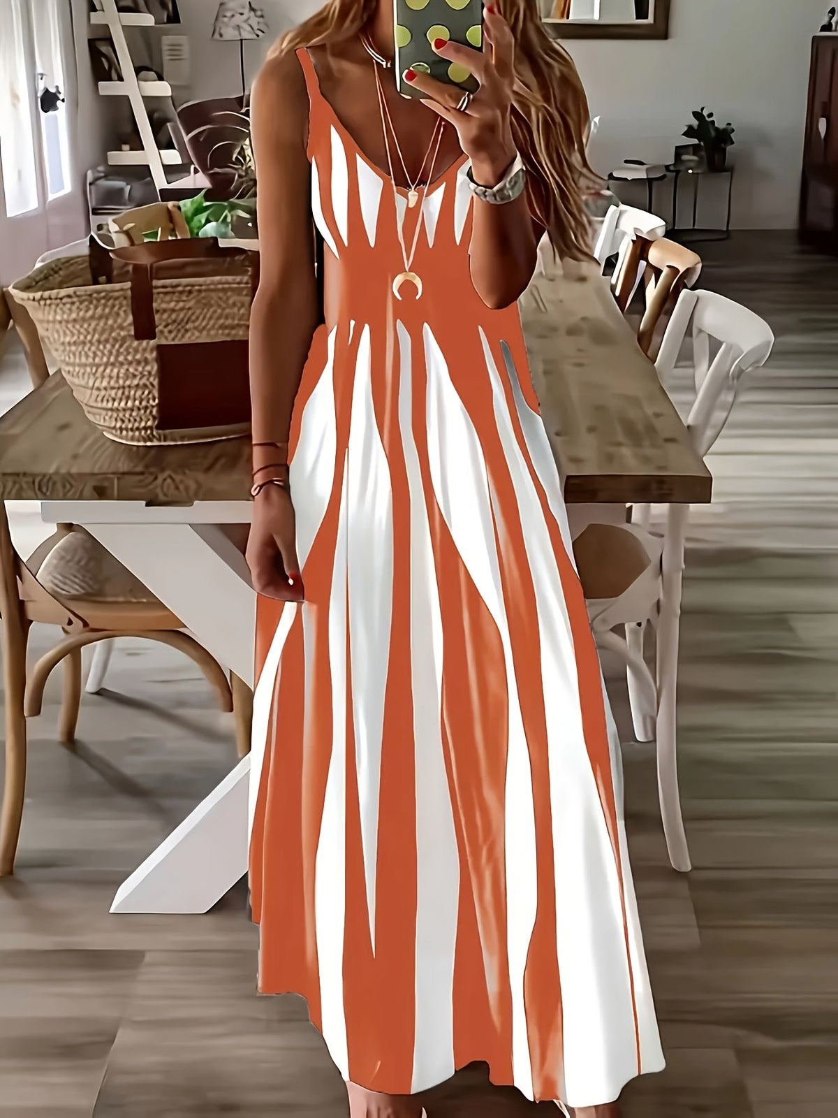 Women's V-Neck Spaghetti Strap Printed Casual Dress – 100% Polyester Knit Stretch Midi Dress for Spring, Summer, Fall, and Winter