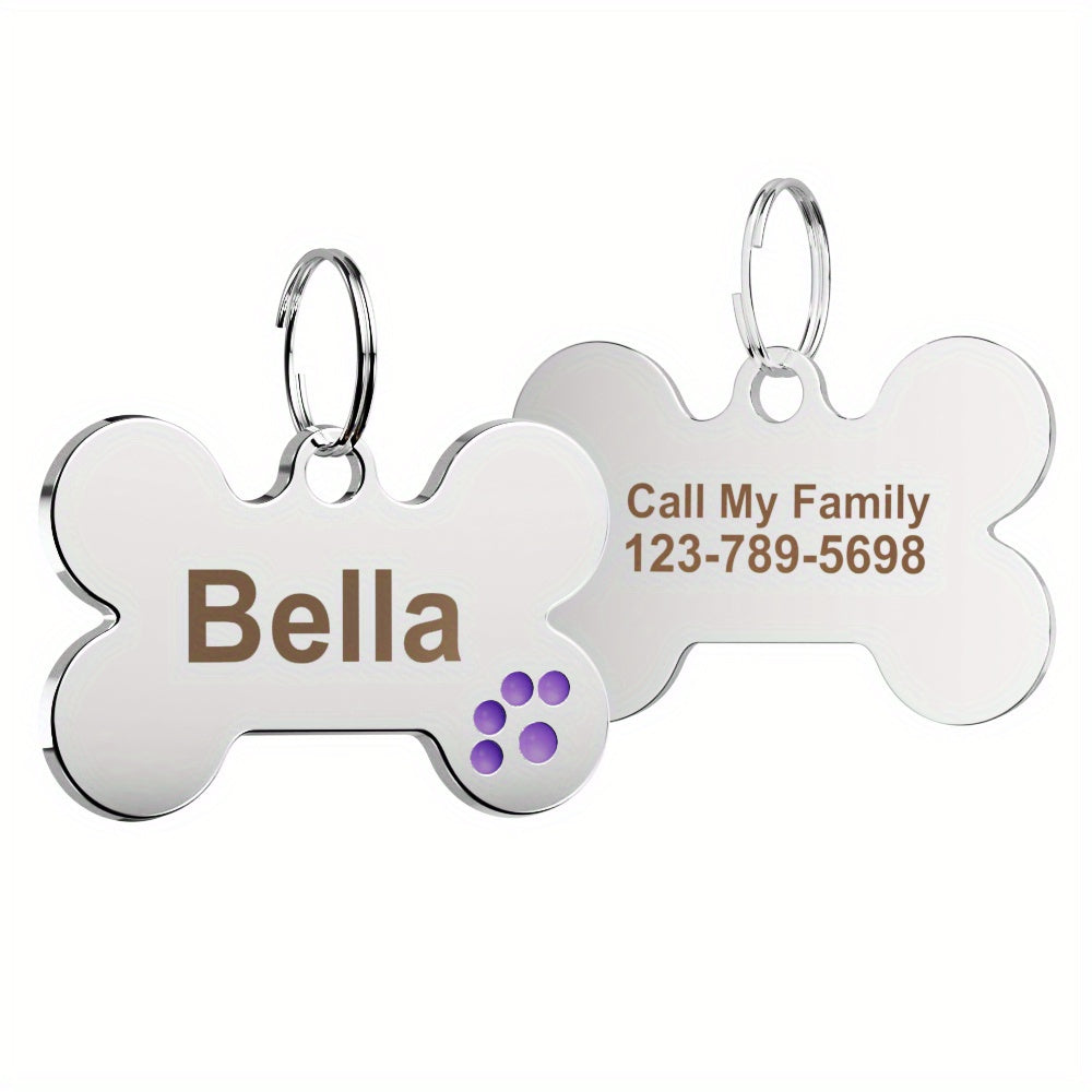 Bone Shaped Custom Engraved Slide-On Pet ID Tag with Paw Print - Personalized Shiny Metal Collar Name Plate for Dogs & Cats, Christmas Gift for Pet Owners