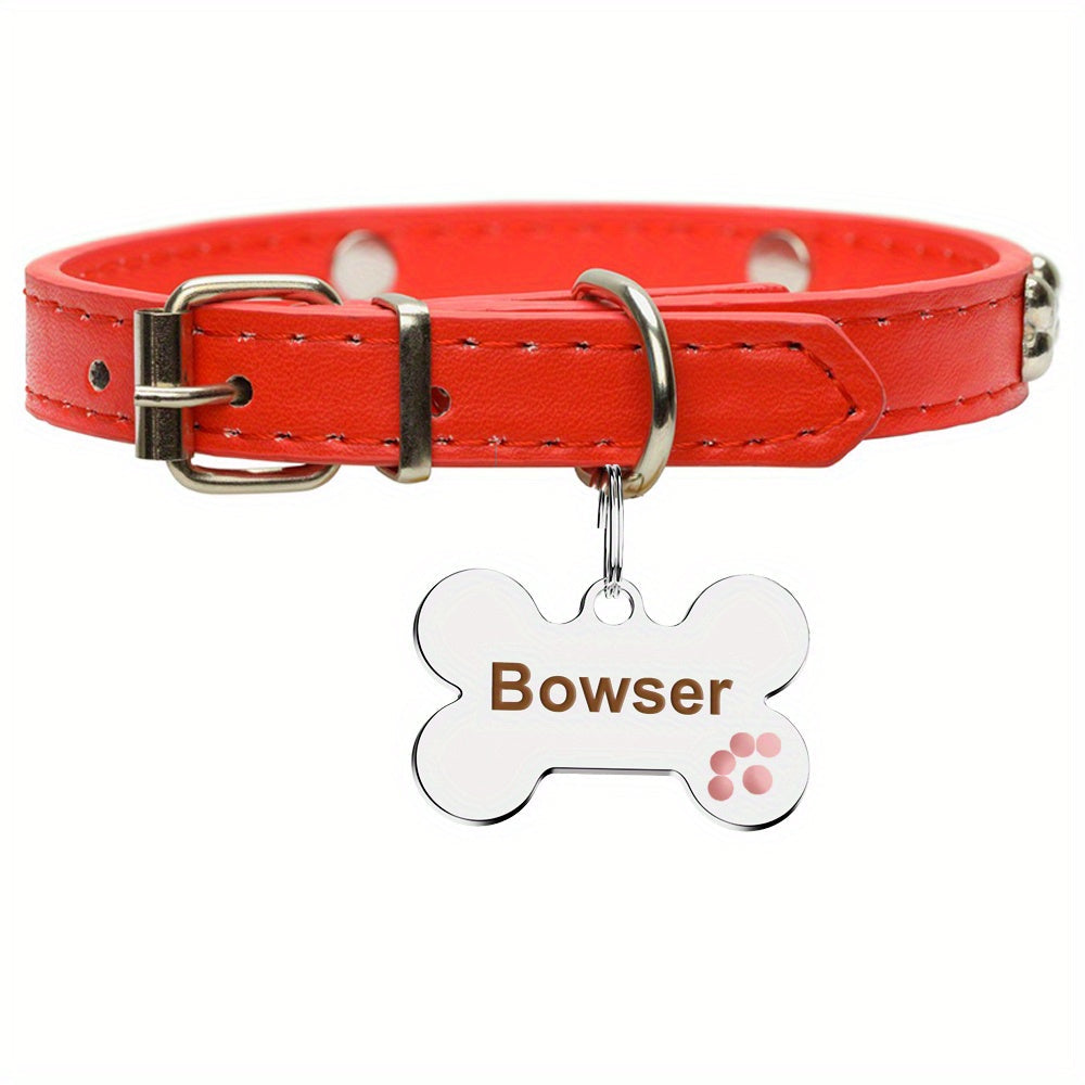 Bone Shaped Custom Engraved Slide-On Pet ID Tag with Paw Print - Personalized Shiny Metal Collar Name Plate for Dogs & Cats, Christmas Gift for Pet Owners