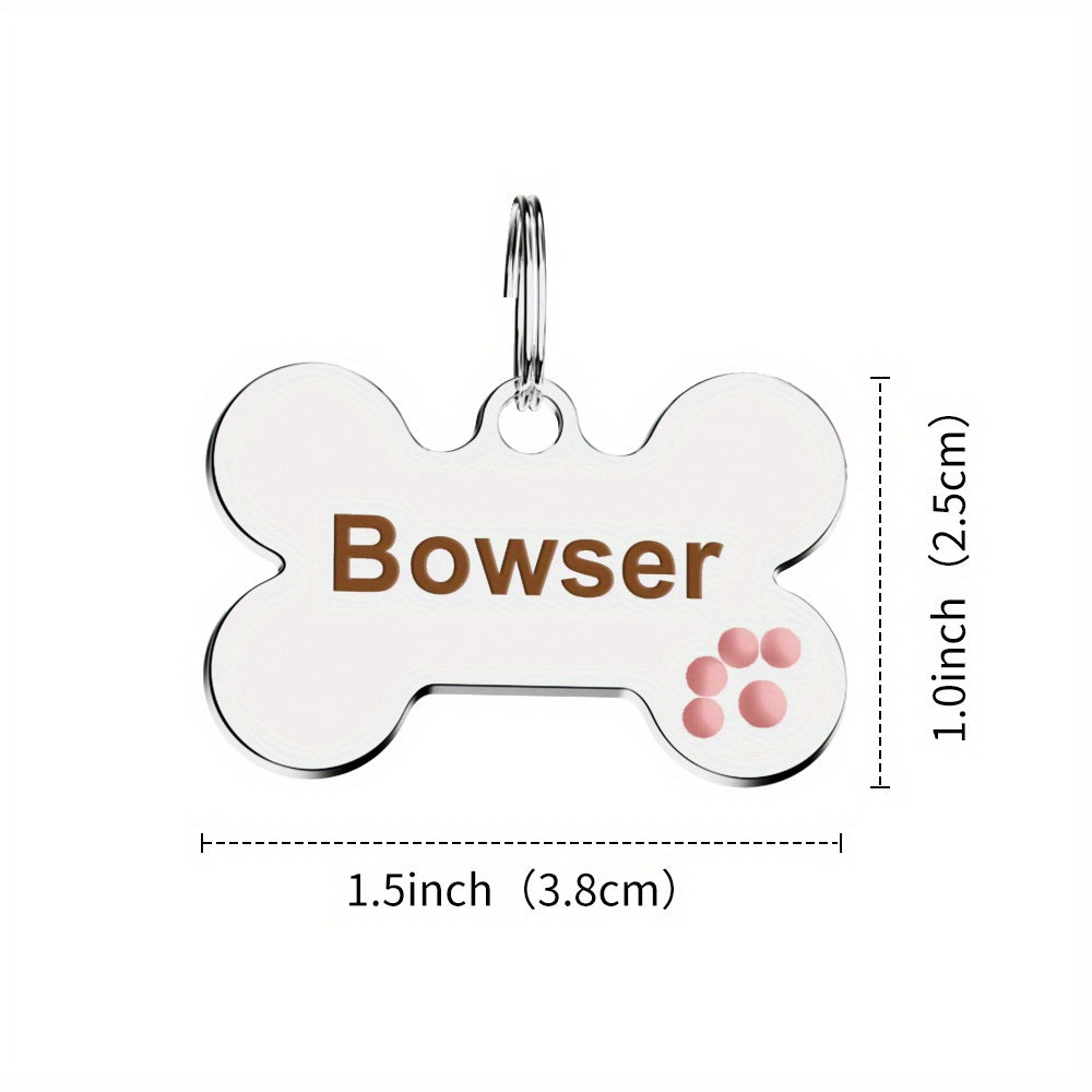 Bone Shaped Custom Engraved Slide-On Pet ID Tag with Paw Print - Personalized Shiny Metal Collar Name Plate for Dogs & Cats, Christmas Gift for Pet Owners