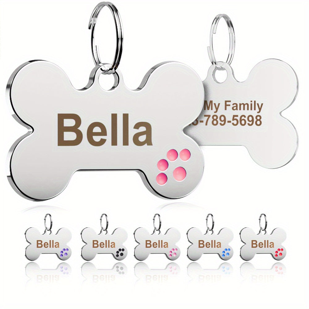 Bone Shaped Custom Engraved Slide-On Pet ID Tag with Paw Print - Personalized Shiny Metal Collar Name Plate for Dogs & Cats, Christmas Gift for Pet Owners