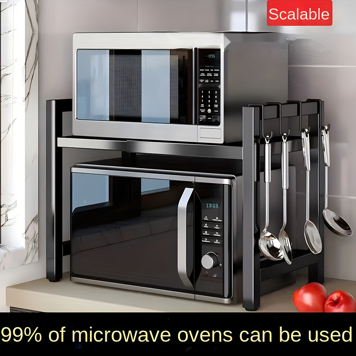 Expandable Over-The-Microwave Shelf - Heavy Duty Carbon Steel Kitchen Rack with 6 Hooks, 66 lb Capacity, Adjustable Width, Countertop Organizer for Microwave, Spices & Utensils - Black