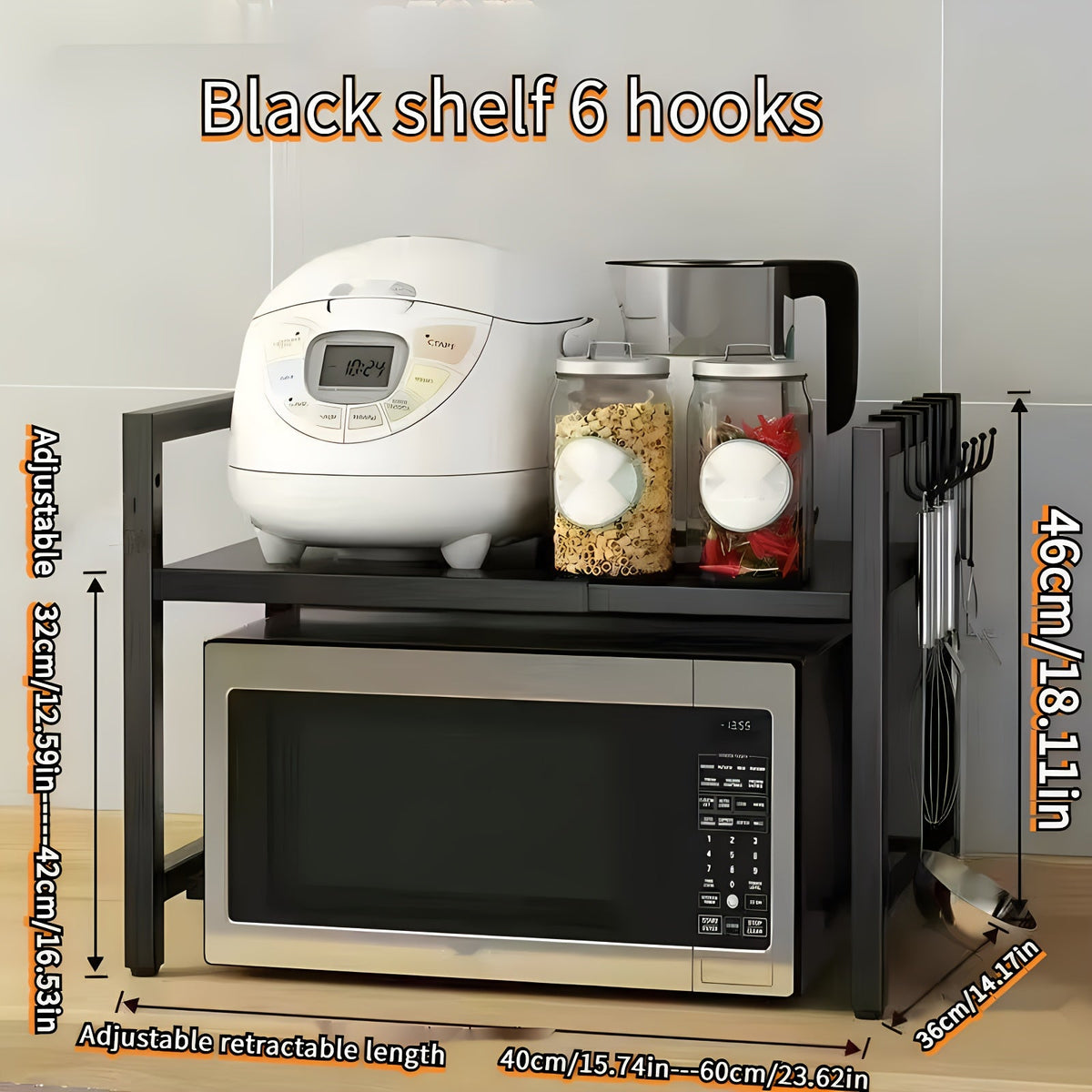 Expandable Over-The-Microwave Shelf - Heavy Duty Carbon Steel Kitchen Rack with 6 Hooks, 66 lb Capacity, Adjustable Width, Countertop Organizer for Microwave, Spices & Utensils - Black