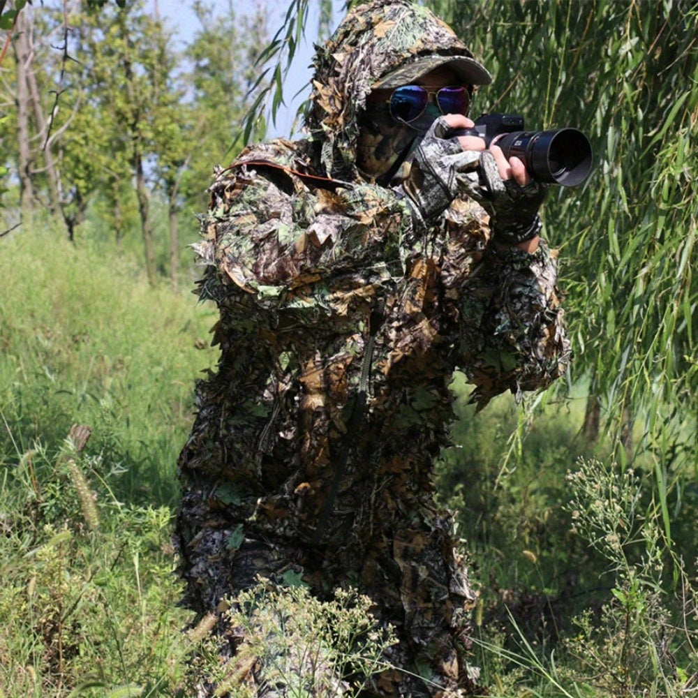 男士吉利服 3D 迷彩 – 轻便连帽夹克和裤子套装，透气 3D 叶片迷彩狩猎服，0.95 磅