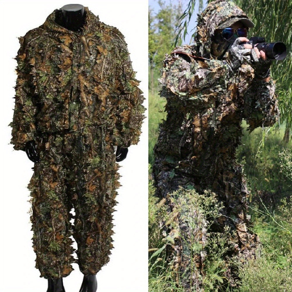 男士吉利服 3D 迷彩 – 轻便连帽夹克和裤子套装，透气 3D 叶片迷彩狩猎服，0.95 磅