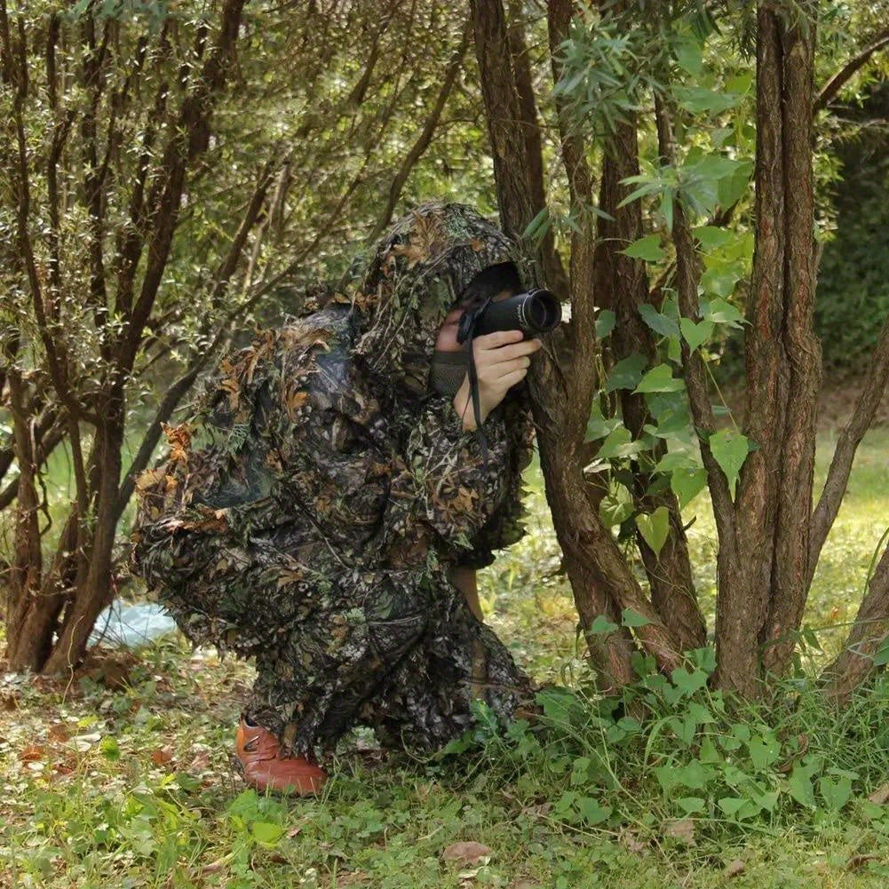 男士吉利服 3D 迷彩 – 轻便连帽夹克和裤子套装，透气 3D 叶片迷彩狩猎服，0.95 磅
