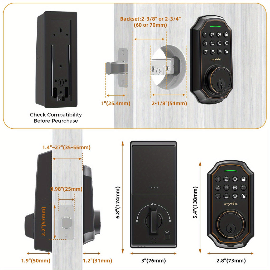 Keyless Entry Keypad Deadbolt - 100 Access Codes, Anti-Peeping 16-Digit Password, Auto Lock, One-Touch Lock, Low Battery Alarm, Zinc Alloy - Front Door & Apartment - Black & Silver