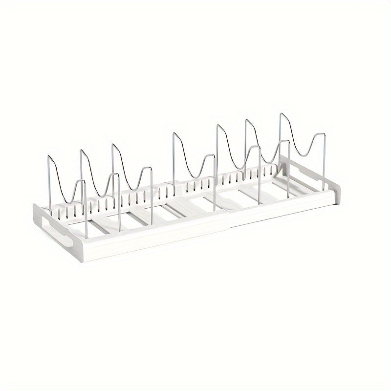 Adjustable Pot and Pan Organizer Rack for Kitchen Cabinet, Expandable Pots and Pans Lid Holder with Dividers, Space-Saving Storage, White/Gray