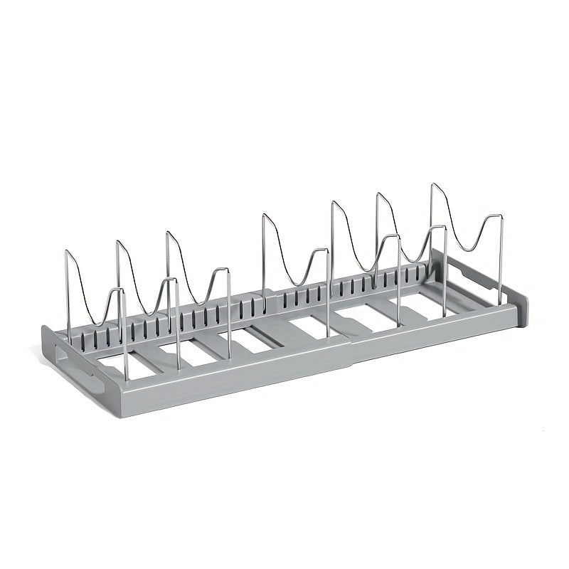 Adjustable Pot and Pan Organizer Rack for Kitchen Cabinet, Expandable Pots and Pans Lid Holder with Dividers, Space-Saving Storage, White/Gray