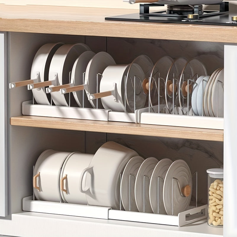 Adjustable Pot and Pan Organizer Rack for Kitchen Cabinet, Expandable Pots and Pans Lid Holder with Dividers, Space-Saving Storage, White/Gray