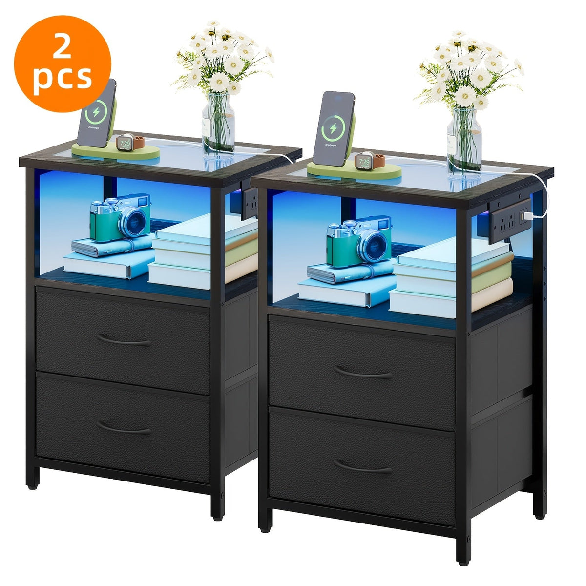 TOMNK Nightstand with Glass Tabletop LED Light & Charging Station 2 or 3 Fabric Drawers PU Finish Display Stand for Bedroom & Living Room – Black White Brown