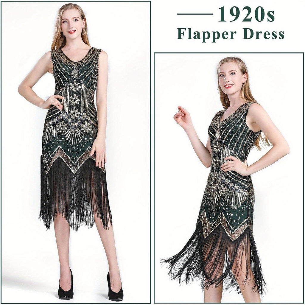 1920s Flapper Dress Women's Sequin Beaded Fringe V-Neck Great Gatsby Costume with Accessories Set S-XL Red Black Gold