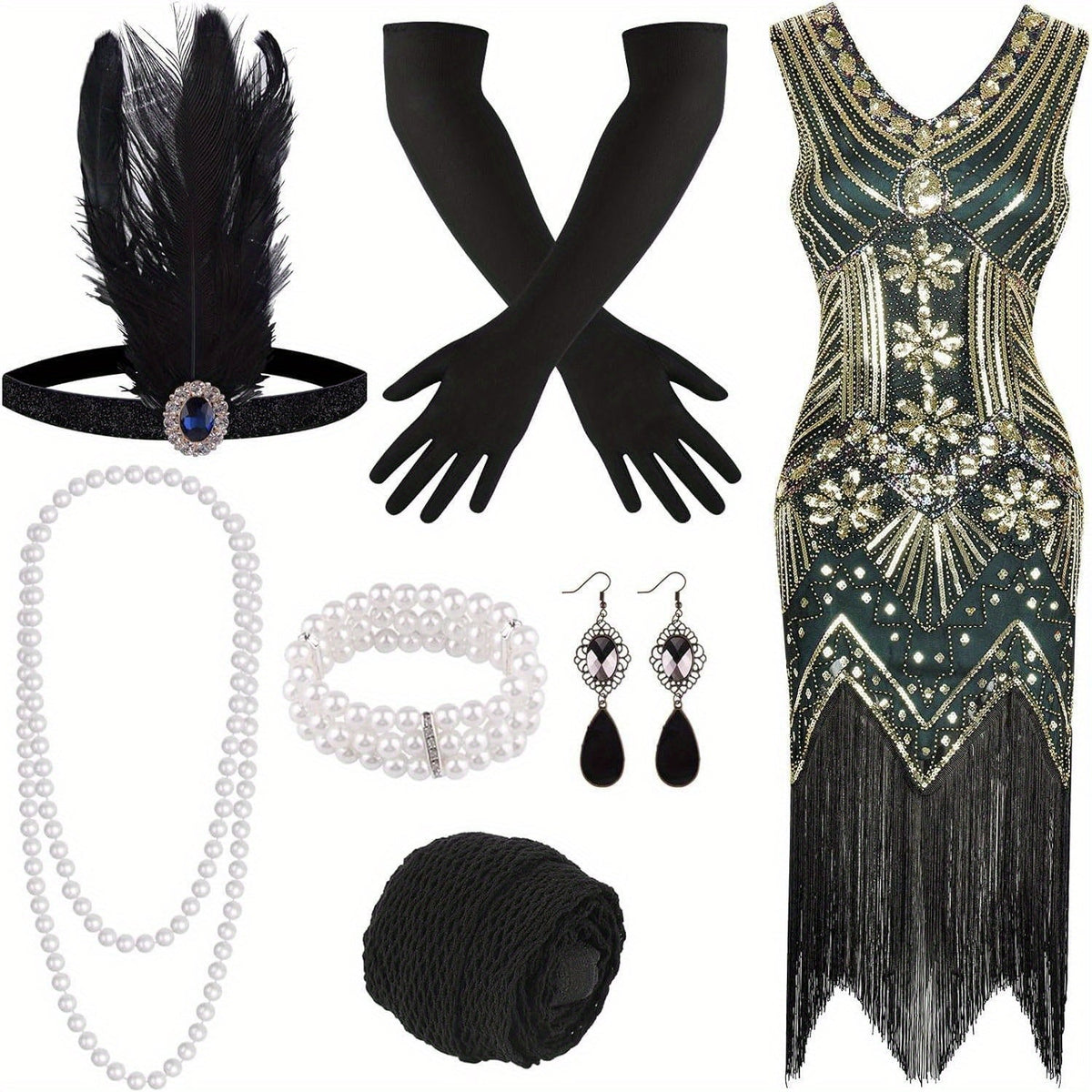 1920s Flapper Dress Women's Sequin Beaded Fringe V-Neck Great Gatsby Costume with Accessories Set S-XL Red Black Gold