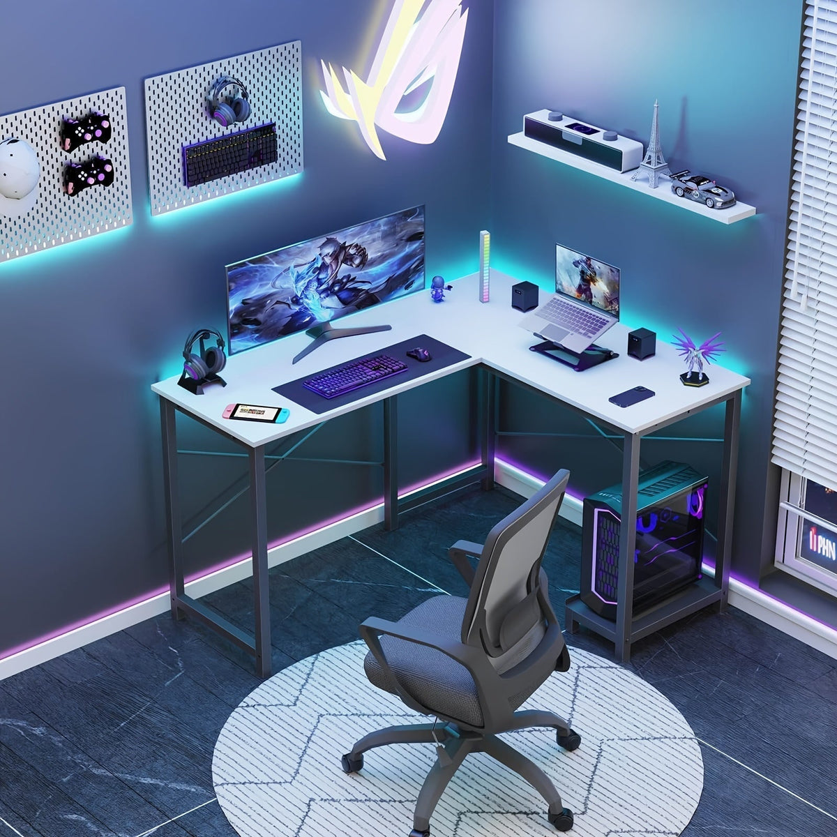 L-Shaped Computer Desk with Storage Bag & Shelves – Reversible Corner Office Table, PC Laptop Workstation for Home Office, Study Room, Space-Saving Writing Desk