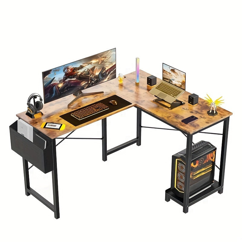 L-Shaped Computer Desk with Storage Bag & Shelves – Reversible Corner Office Table, PC Laptop Workstation for Home Office, Study Room, Space-Saving Writing Desk