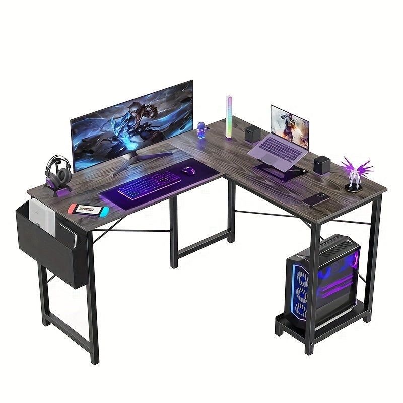 L-Shaped Computer Desk with Storage Bag & Shelves – Reversible Corner Office Table, PC Laptop Workstation for Home Office, Study Room, Space-Saving Writing Desk