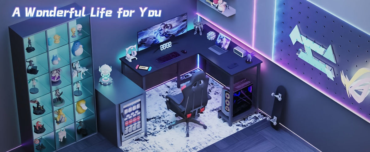 L-Shaped Computer Desk with Storage Bag & Shelves – Reversible Corner Office Table, PC Laptop Workstation for Home Office, Study Room, Space-Saving Writing Desk