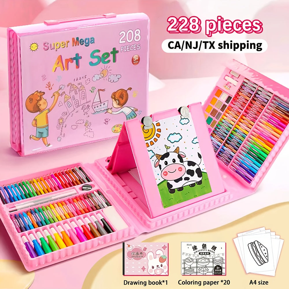 228-Piece Kids Art Painting Set with Easel, Complete Beginner Drawing Kit for Children Ages 3-12, Includes Sketchbook, Coloring Book, Acrylic Markers, Watercolor Pens, Oil Pastels, Colored Pencils & Eraser