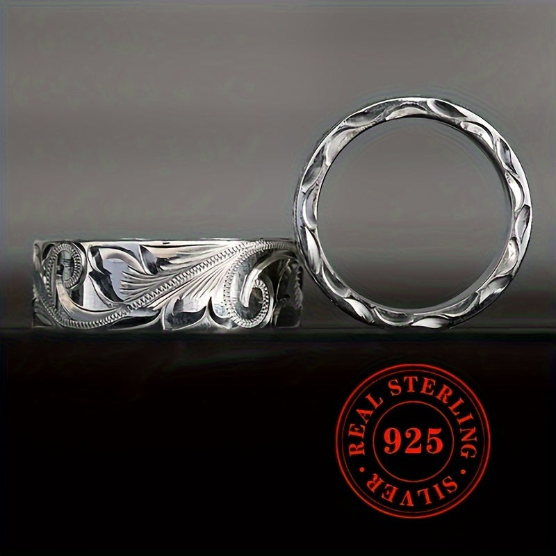 925 Silver Plated Bohemian Wide Band Ring, Artisan Carved Leaf and Flower Vintage Statement Ring for Women, Lightweight 1g Jewelry for Weddings and Special Occasions
