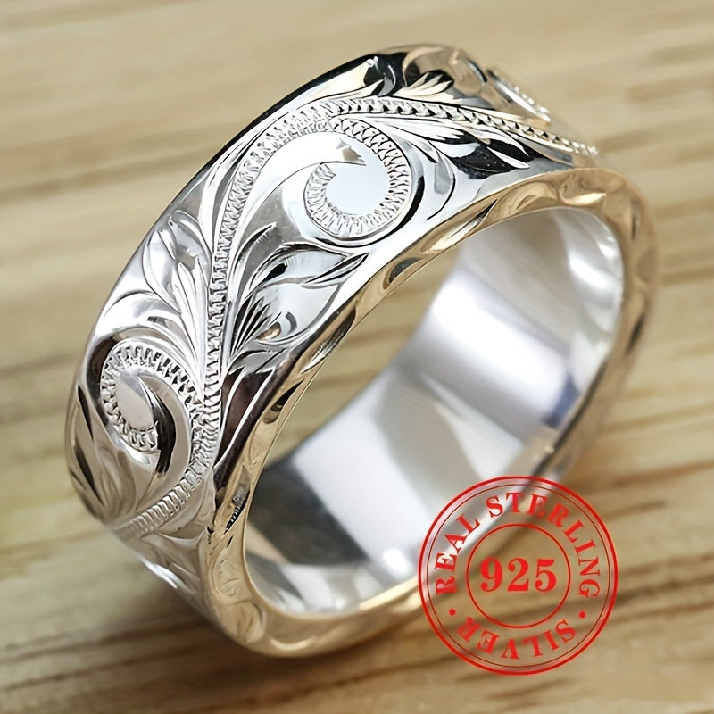 925 Silver Plated Bohemian Wide Band Ring, Artisan Carved Leaf and Flower Vintage Statement Ring for Women, Lightweight 1g Jewelry for Weddings and Special Occasions