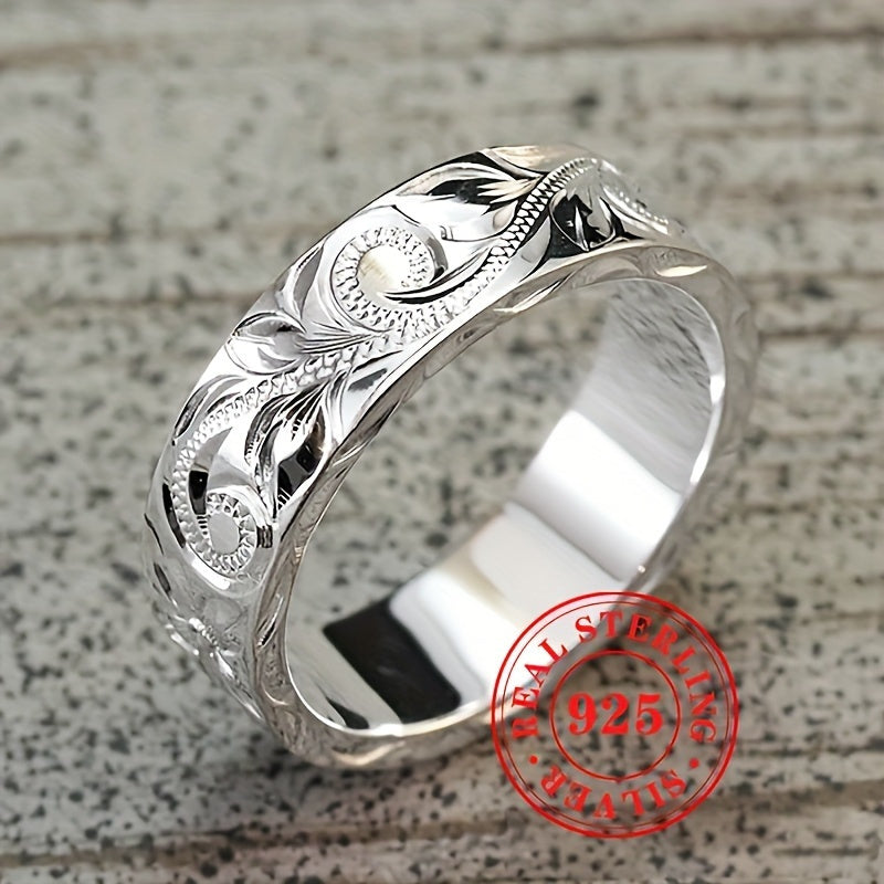 925 Silver Plated Bohemian Wide Band Ring, Artisan Carved Leaf and Flower Vintage Statement Ring for Women, Lightweight 1g Jewelry for Weddings and Special Occasions