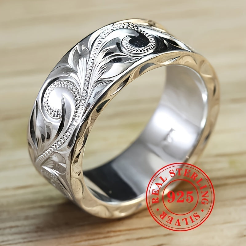 925 Silver Plated Bohemian Wide Band Ring, Artisan Carved Leaf and Flower Vintage Statement Ring for Women, Lightweight 1g Jewelry for Weddings and Special Occasions