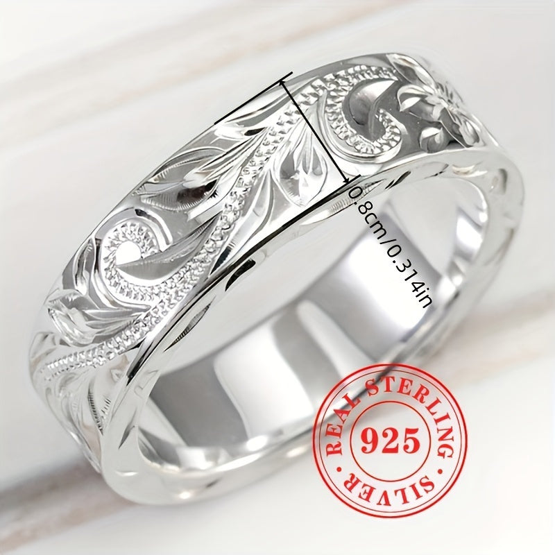 925 Silver Plated Bohemian Wide Band Ring, Artisan Carved Leaf and Flower Vintage Statement Ring for Women, Lightweight 1g Jewelry for Weddings and Special Occasions
