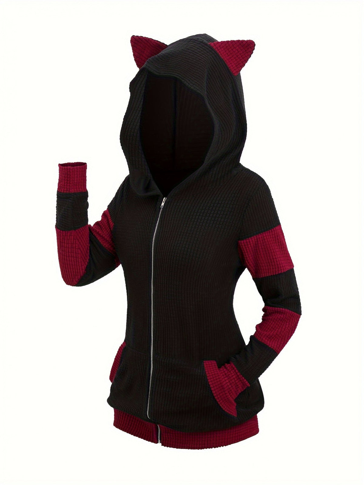 Women's Cat Ear Hooded Sweatshirt Jacket, Color Block Mid-Length Zip-Up Hoodie, Fall/Winter Thickened Warm Casual Outerwear, S-XXL
