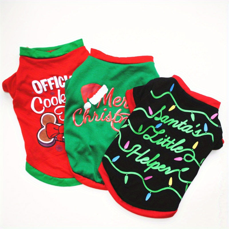 3-Piece Dog Christmas Costume Set – Santa Claus Vest & Holiday T-Shirt Pet Clothes for Dogs and Cats, Sizes XS to L, Festive Party Outfit for Christmas Celebrations, Cute Holiday Gift for Pets