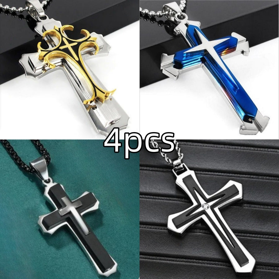 4-Piece Cross Necklace Set for Men and Women – Fashionable Unisex Silver Cross Pendant Necklaces, Faith Jewelry Gift for Anniversaries, Family, Relatives, and Loved Ones