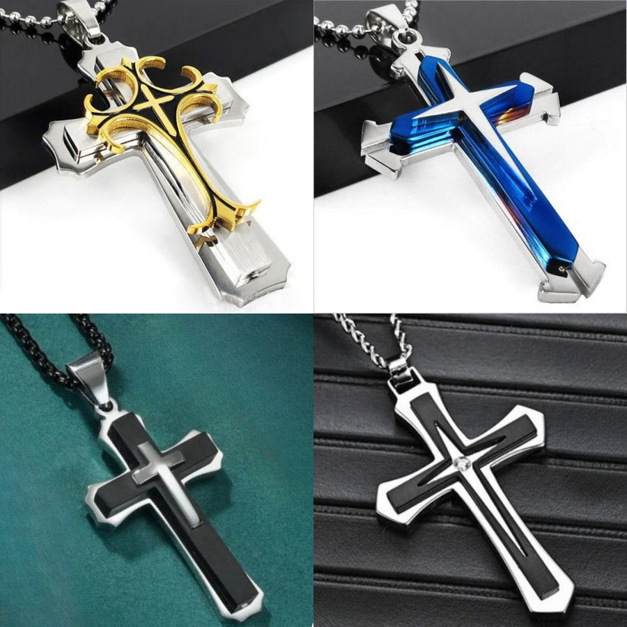 4-Piece Cross Necklace Set for Men and Women – Fashionable Unisex Silver Cross Pendant Necklaces, Faith Jewelry Gift for Anniversaries, Family, Relatives, and Loved Ones