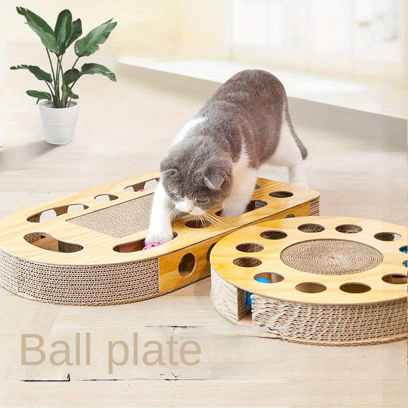 Interactive Cat Scratcher Toy with Ball Track, Square Corrugated Cardboard Multi-Level Platform Scratch Pad, Play Lounge for Indoor Cats and Kittens, Cat Scratching Board with Spinner
