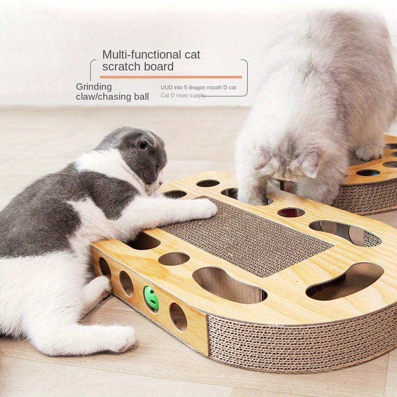 Interactive Cat Scratcher Toy with Ball Track, Square Corrugated Cardboard Multi-Level Platform Scratch Pad, Play Lounge for Indoor Cats and Kittens, Cat Scratching Board with Spinner