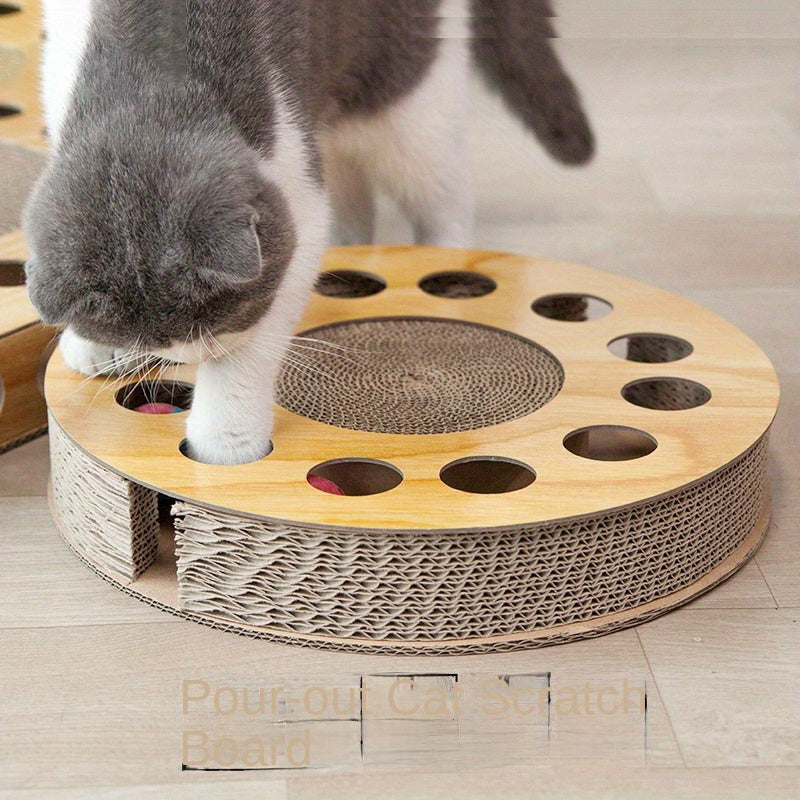 Interactive Cat Scratcher Toy with Ball Track, Square Corrugated Cardboard Multi-Level Platform Scratch Pad, Play Lounge for Indoor Cats and Kittens, Cat Scratching Board with Spinner